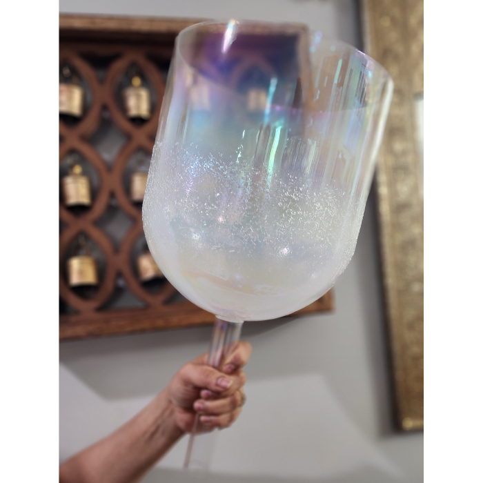 Grandfather 2nd Octave Selenite Gen infused Crystal Singing Bowl with Padded Case and Suede Striker