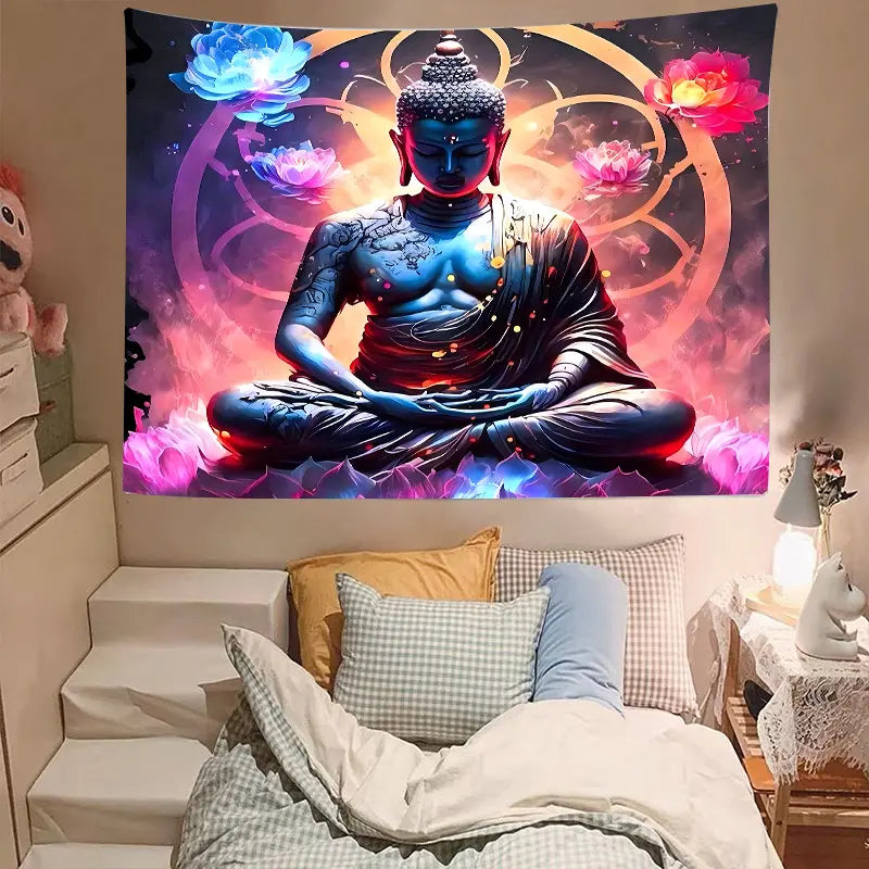 The Giant Buddha Tapestry Wall Hanging Faith Colorful Lotus Polyester Tapestry For Living Room Bedroom Dorm Decor, As Valentine's Day Birthday New Year Gifts For Woman Man Boyfriend/Girlfriend Included Free Accessories