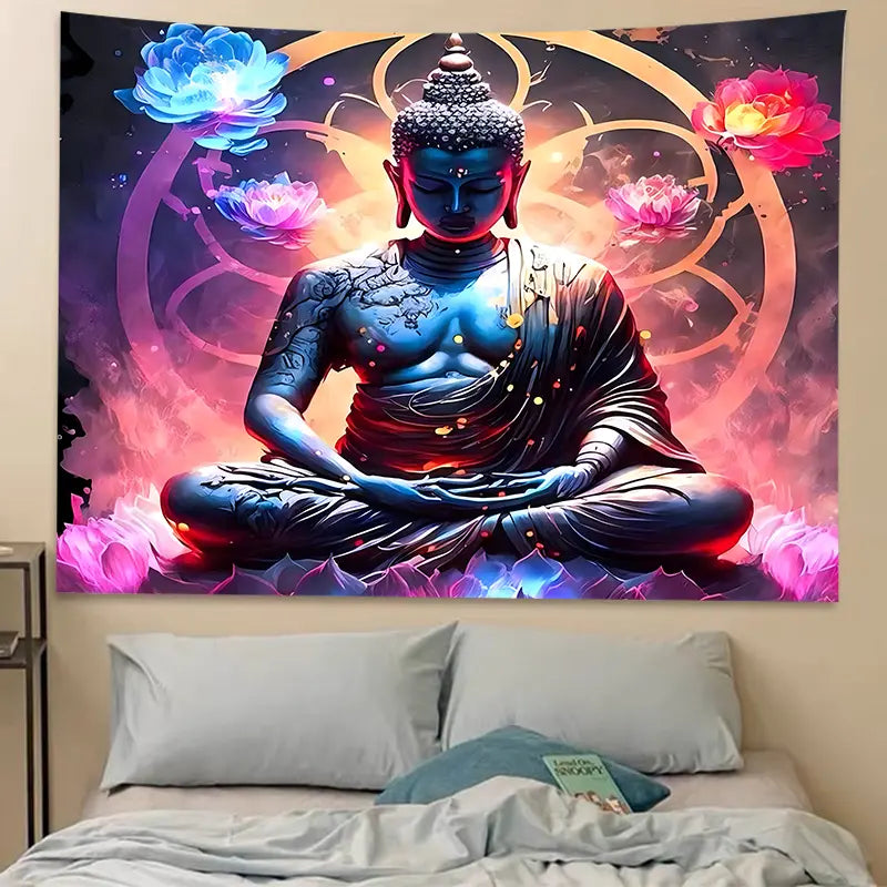 The Giant Buddha Tapestry Wall Hanging Faith Colorful Lotus Polyester Tapestry For Living Room Bedroom Dorm Decor, As Valentine's Day Birthday New Year Gifts For Woman Man Boyfriend/Girlfriend Included Free Accessories
