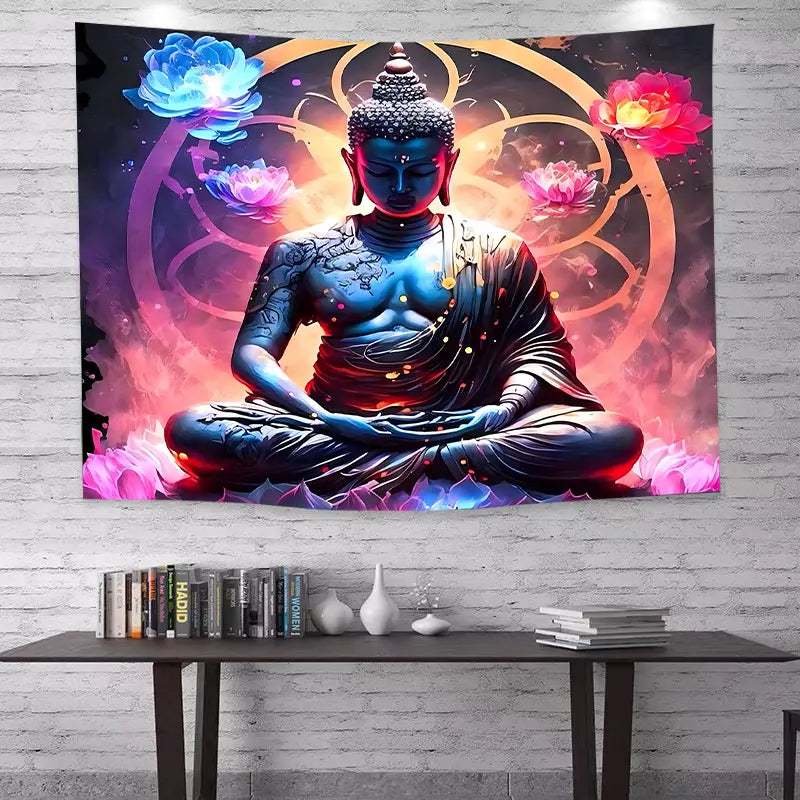 The Giant Buddha Tapestry Wall Hanging Faith Colorful Lotus Polyester Tapestry For Living Room Bedroom Dorm Decor, As Valentine's Day Birthday New Year Gifts For Woman Man Boyfriend/Girlfriend Included Free Accessories