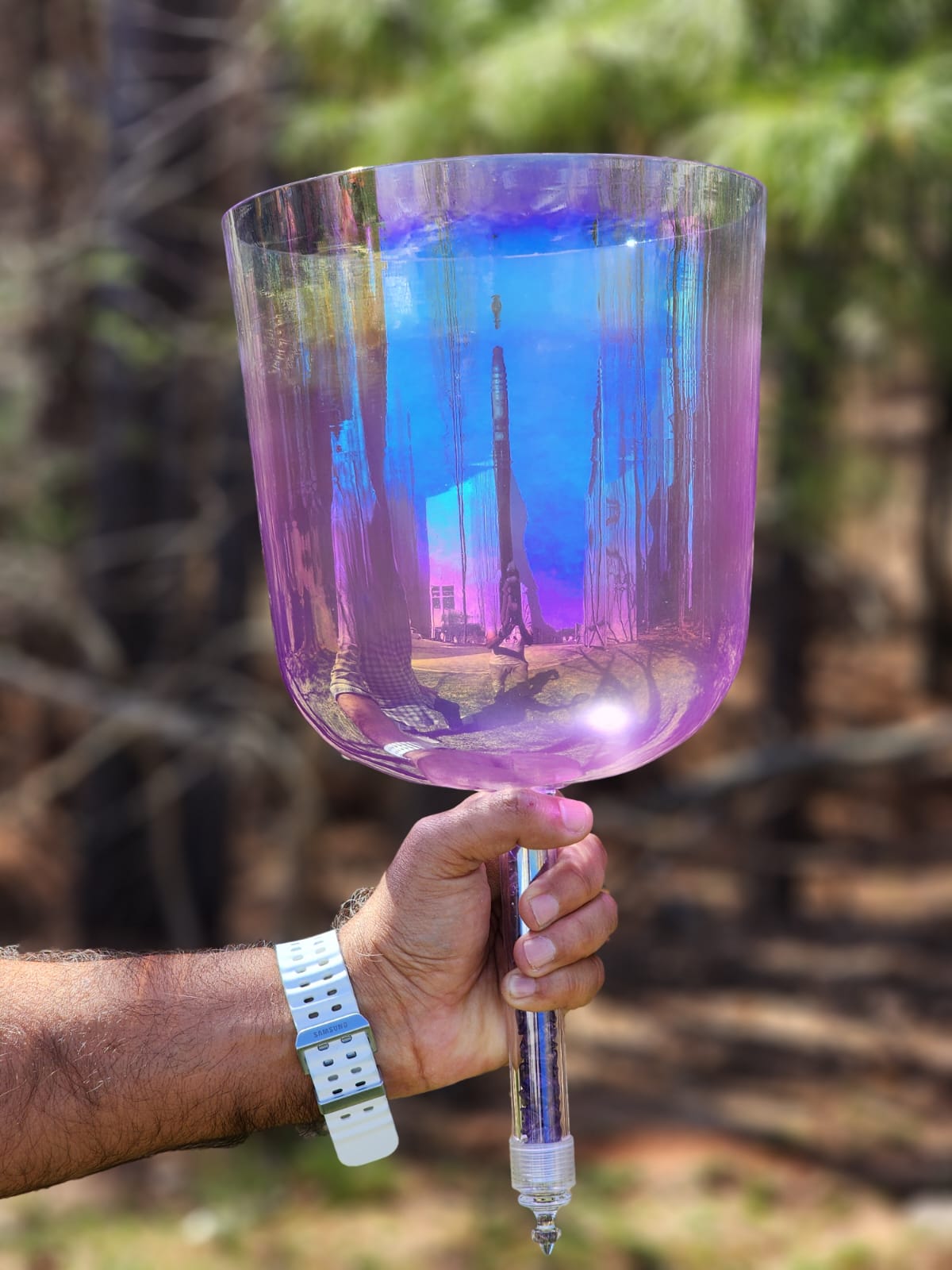 CosmicAccess 8.75" Amethyst Gem Fused Practitioner Amethyst Filled Handle Crystal Singing Bowl with Padded Secure Case and Striker