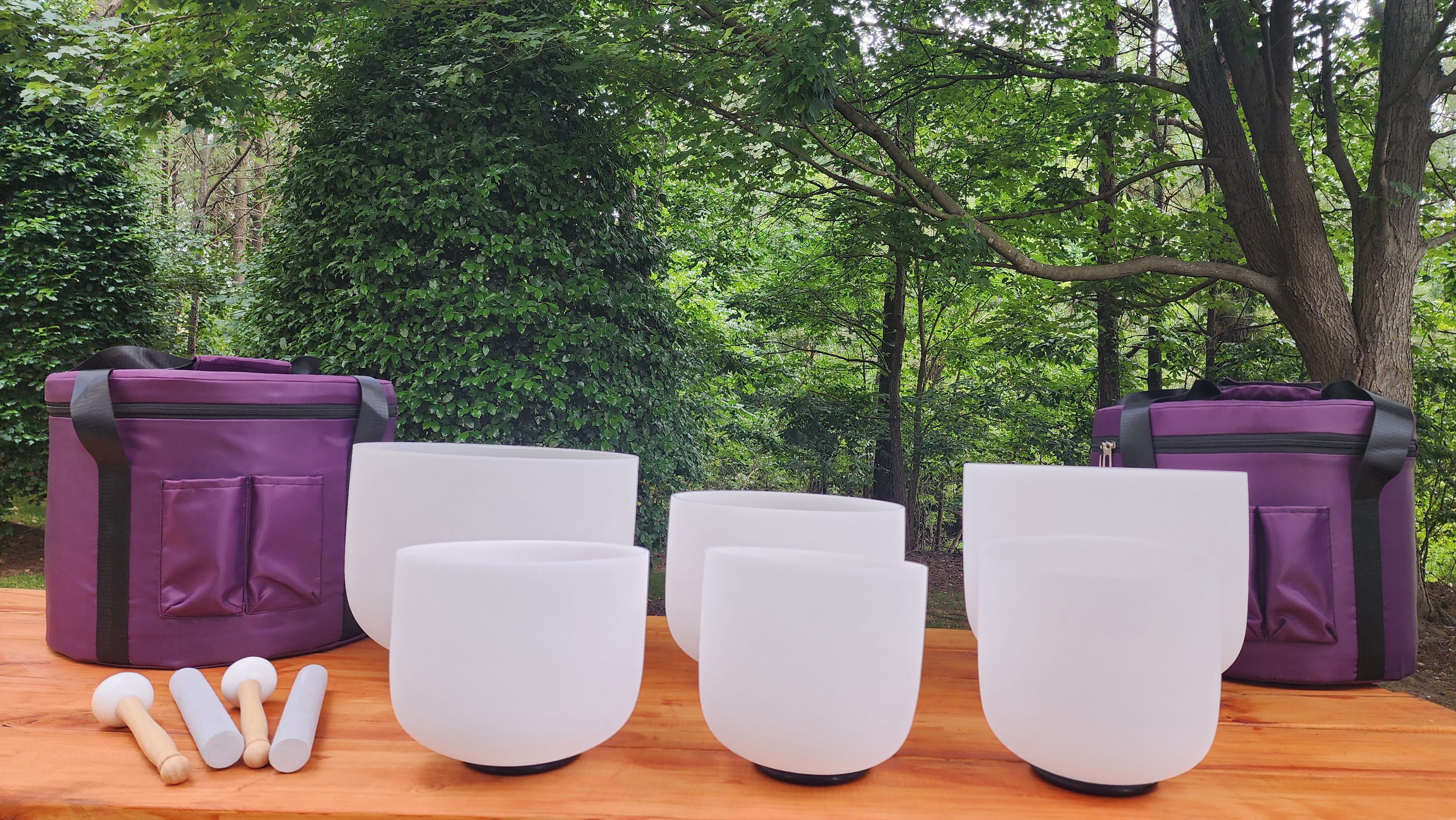 432Hz Crystal Singing Bowl Set 7" A 7" B 9" F 10" E 11" D 12" G with 2 Padded Cases, Strikers & 6 O-rings