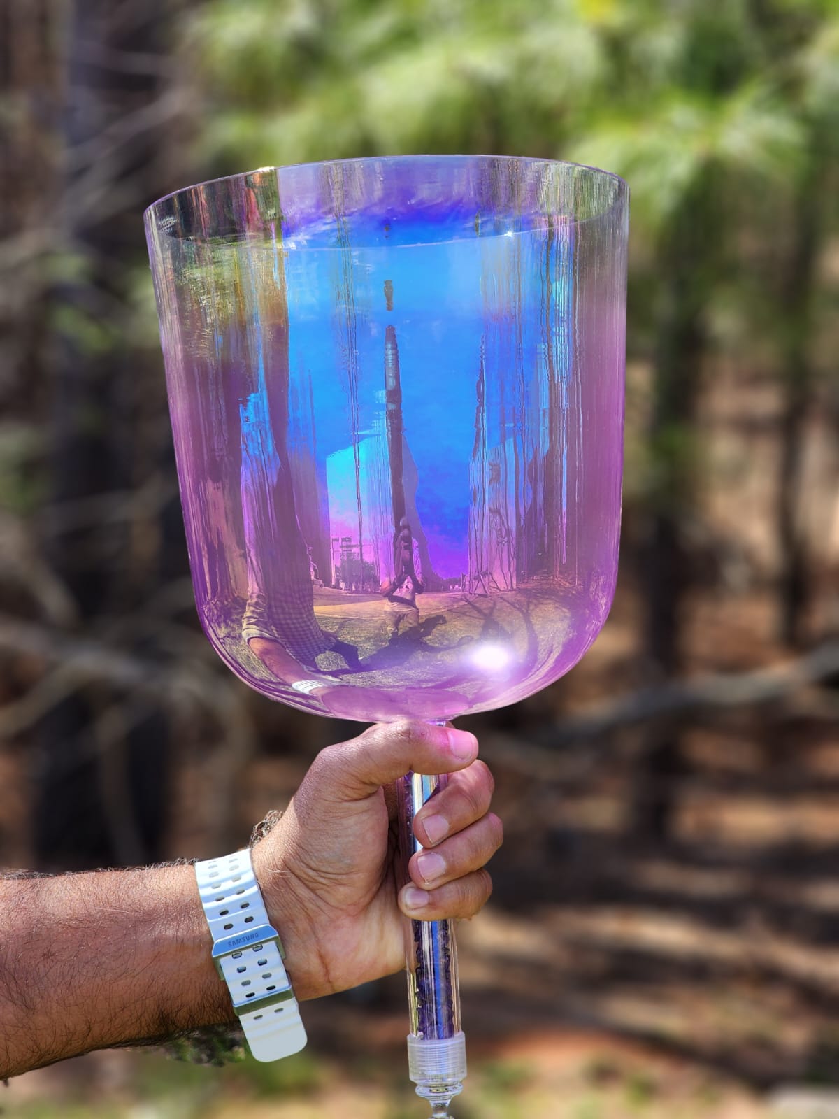 CosmicAccess 8.75" Amethyst Gem Fused Practitioner Amethyst Filled Handle Crystal Singing Bowl with Padded Secure Case and Striker