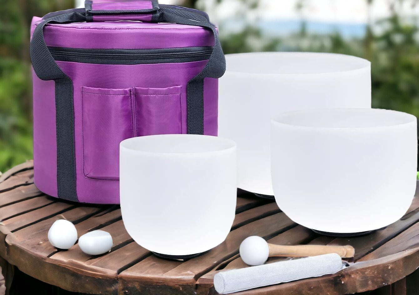 Harmony Trio Crystal Singing Bowl Set: F, G, and B Notes with Portable Secure Bag, Striker and O-Ring - Thecosmicaccess