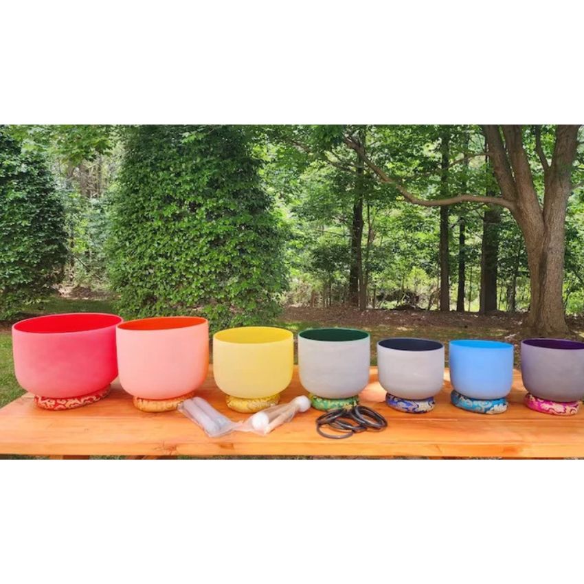 432Hz Perfect Pitch Chakra Color Crystal singing bowl set with Padded Secure Cases and Silk O-rings