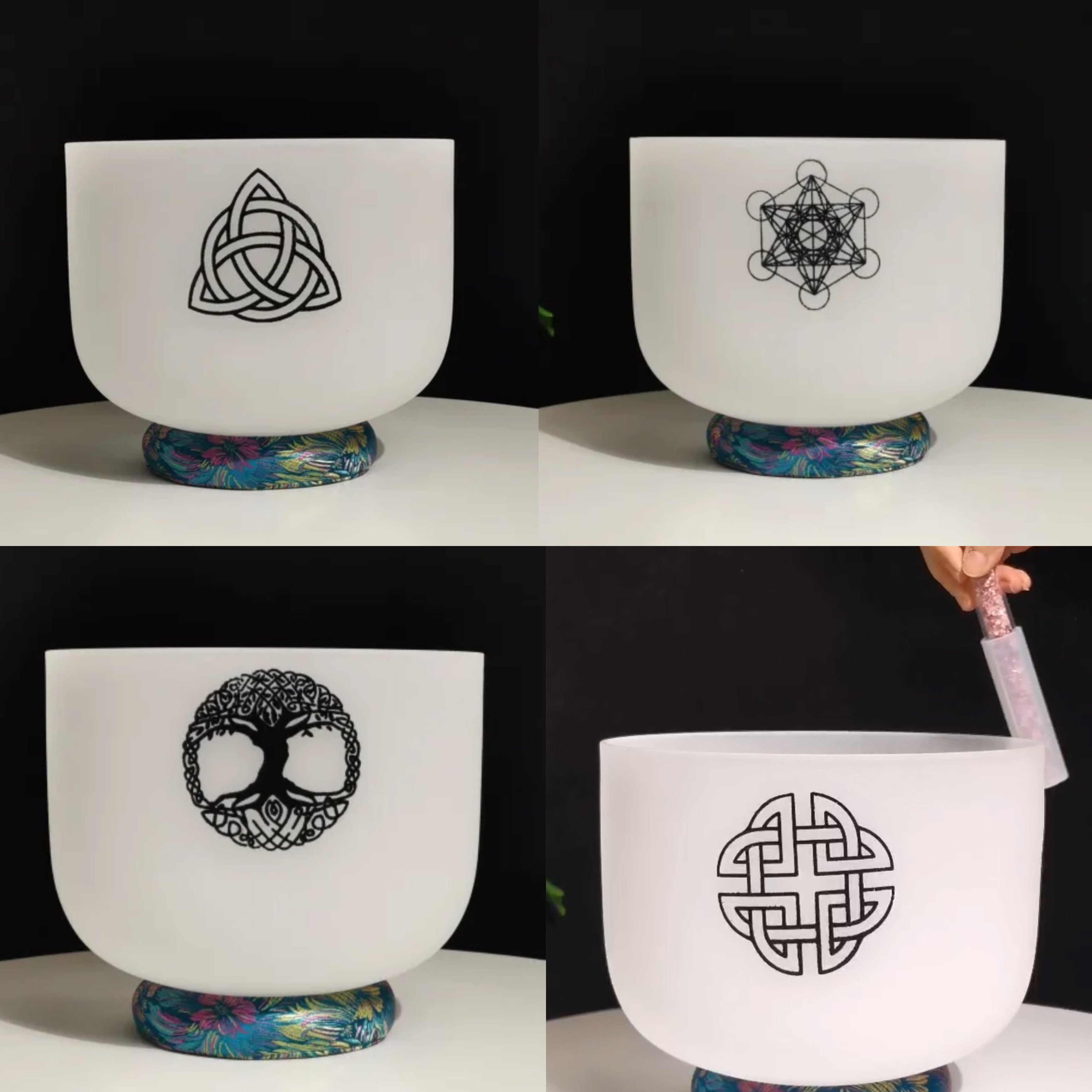 Triquetra, Metatron's Cube, Celtic Quad Closed Knot & Celtic Tree Of Life 432Hz Crystal Singing Bowl with Padded Secure Case and Striker