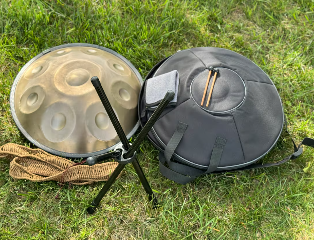 Mesmerizing Handpan Drum D Minor 9-Note 18" Steel Drum Set with Soft Bag, 2 Mallets, a cloth and Stand, Crafting Serene Resonance
