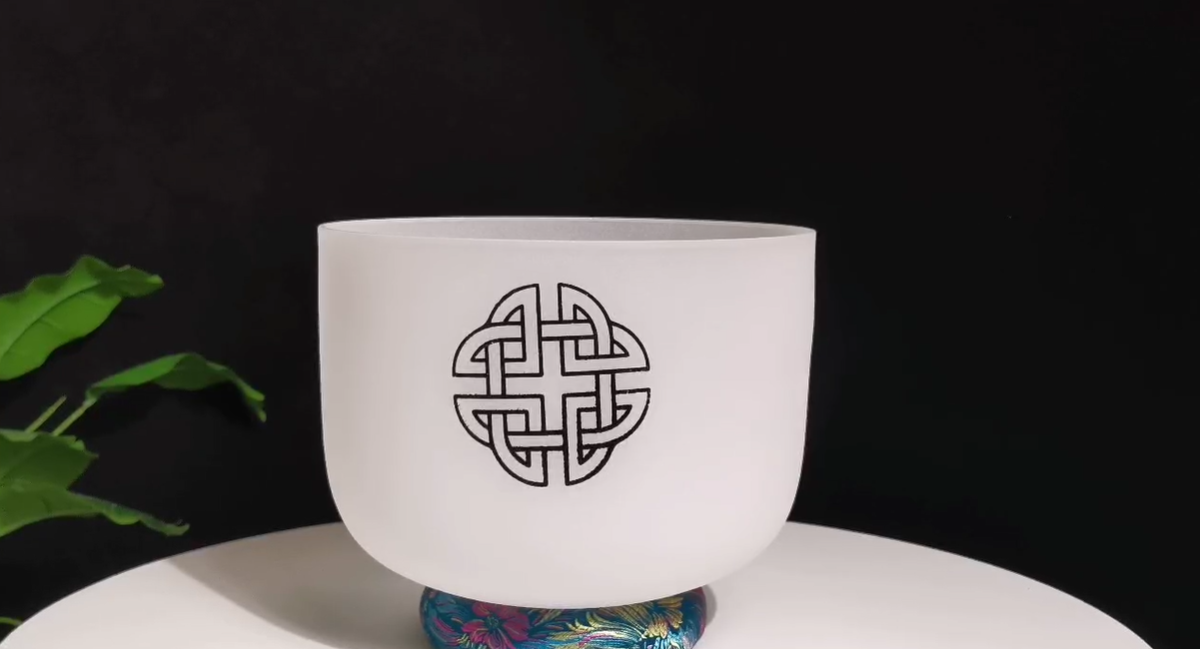 Triquetra, Metatron's Cube, Celtic Quad Closed Knot & Celtic Tree Of Life 432Hz Crystal Singing Bowl with Padded Secure Case and Striker