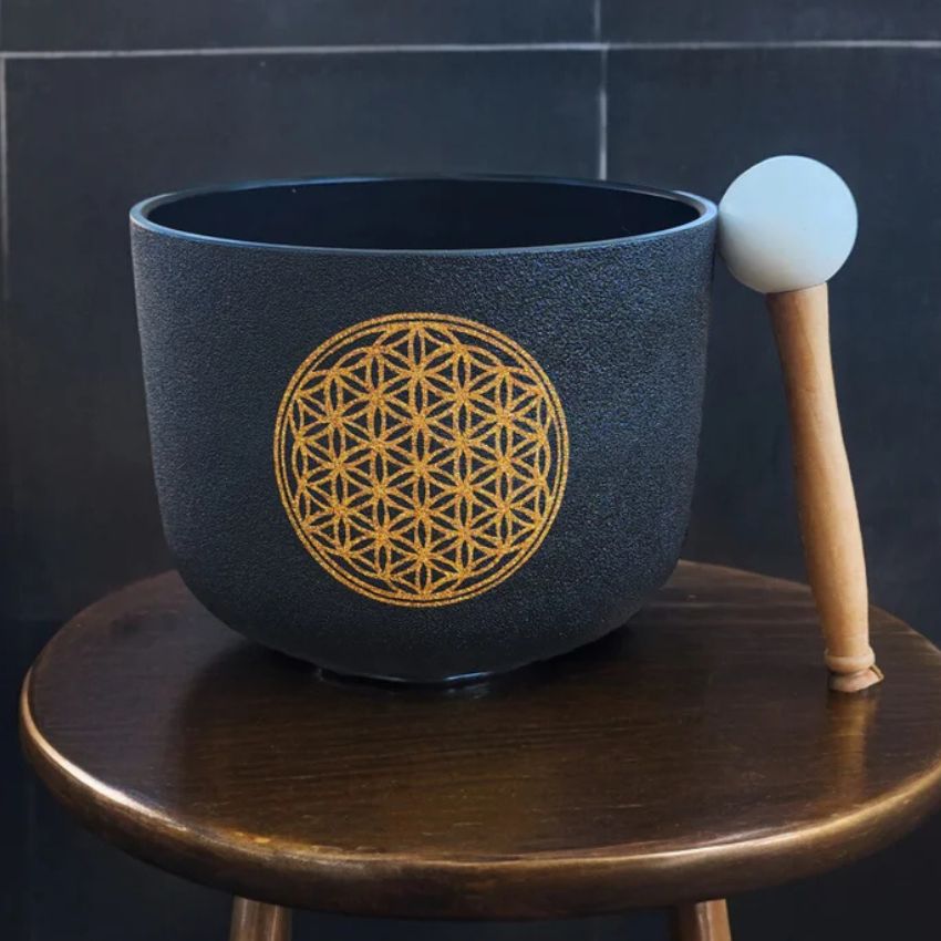 Solfeggio Crystal Singing Bowl - Black with Gold Flower of Life, Padded Secure Case, Striker, and O-ring