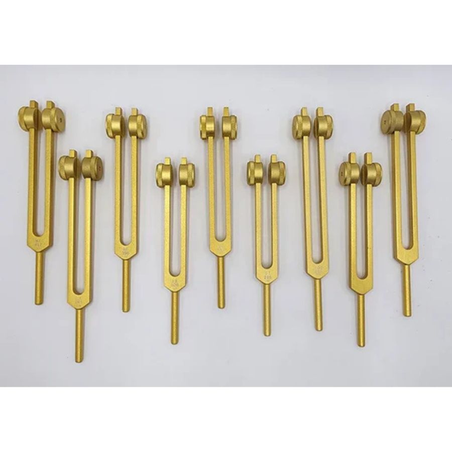 Professionally Tuned 9 Set Solfeggio Frequencies Weighted Gold Color Tuning Fork Set For Vibration Biofield with Striker and Velvet Bag