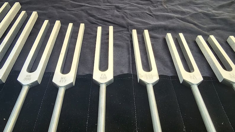 9 Secret Solfeggio Unweighted Tuning Fork Set - Lower Octave with Velvet Bag and Striker - Thecosmicaccess