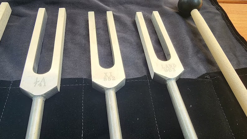 9 Secret Solfeggio Unweighted Tuning Fork Set - Lower Octave with Velvet Bag and Striker - Thecosmicaccess