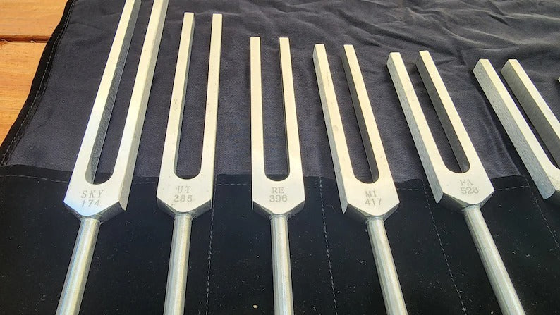 9 Secret Solfeggio Unweighted Tuning Fork Set - Lower Octave with Velvet Bag and Striker - Thecosmicaccess