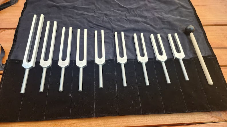 9 Secret Solfeggio Unweighted Tuning Fork Set - Lower Octave with Velvet Bag and Striker - Thecosmicaccess