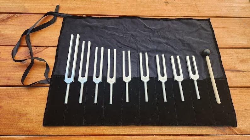 9 Secret Solfeggio Unweighted Tuning Fork Set - Lower Octave with Velvet Bag and Striker - Thecosmicaccess