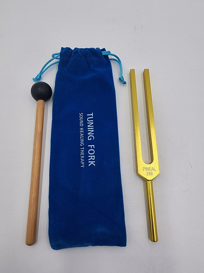 Gold Color Pineal Gland Activation Unweighted Tuning Fork - 288Hz Frequency with Striker and Bag for Sound Healing Biofield - Thecosmicaccess
