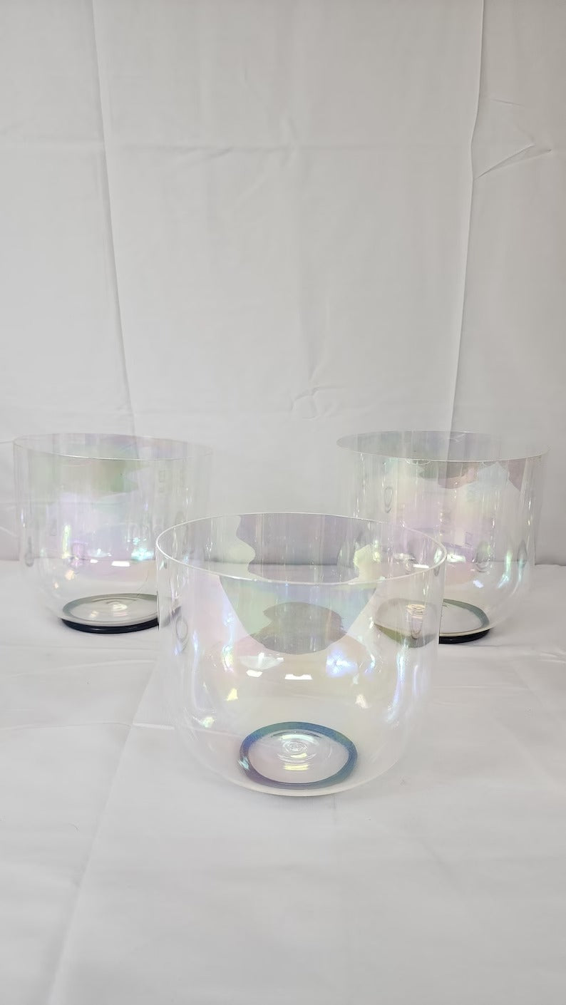 Perfect Pitch 432/440Hz Set of 8 Clear Cosmic Light Singing Bowl Set 3rd Octave with 9 Chakra Tuning Forks and Suede Strikers - Thecosmicaccess