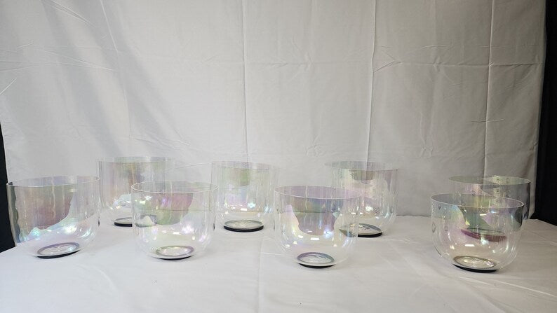 Perfect Pitch 432/440Hz Set of 8 Clear Cosmic Light Singing Bowl Set 3rd Octave with 9 Chakra Tuning Forks and Suede Strikers - Thecosmicaccess
