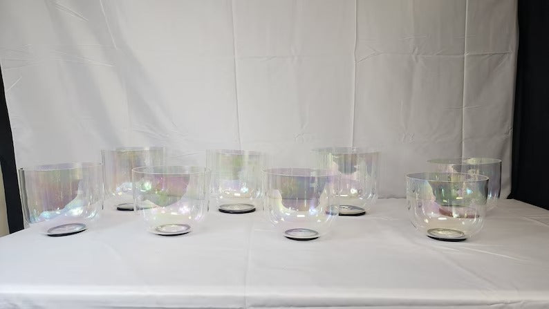 Perfect Pitch 432/440Hz Set of 8 Clear Cosmic Light Singing Bowl Set 3rd Octave with 9 Chakra Tuning Forks and Suede Strikers - Thecosmicaccess