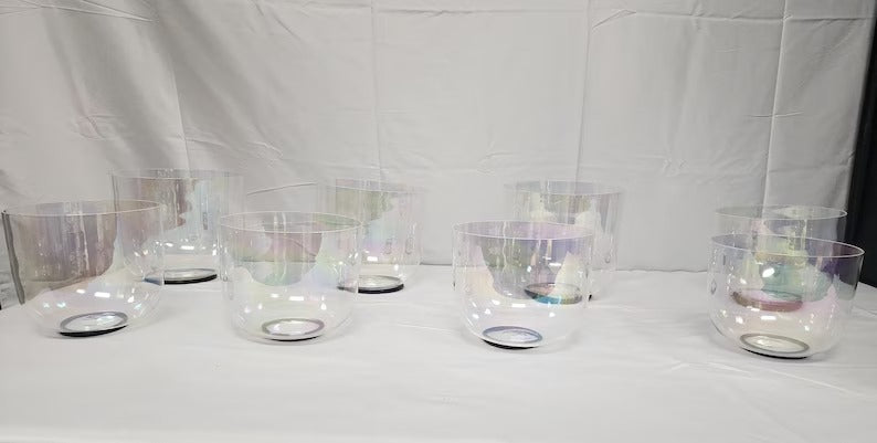 Perfect Pitch 432/440Hz Set of 8 Clear Cosmic Light Singing Bowl Set 3rd Octave with 9 Chakra Tuning Forks and Suede Strikers - Thecosmicaccess