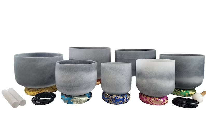 432Hz 6-12 Inch Chakra Crystal Singing Bowl 7 Set Moldavite Gem Fused with Silk O-rings, Secure Cases, Sound Healing, Vibrational, Harmonic - Thecosmicaccess