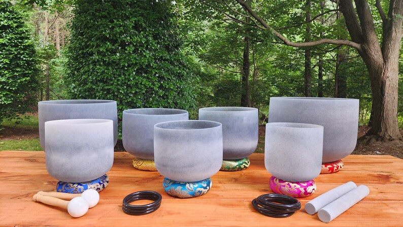 432Hz 6-12 Inch Chakra Crystal Singing Bowl 7 Set Moldavite Gem Fused with Silk O-rings, Secure Cases, Sound Healing, Vibrational, Harmonic - Thecosmicaccess