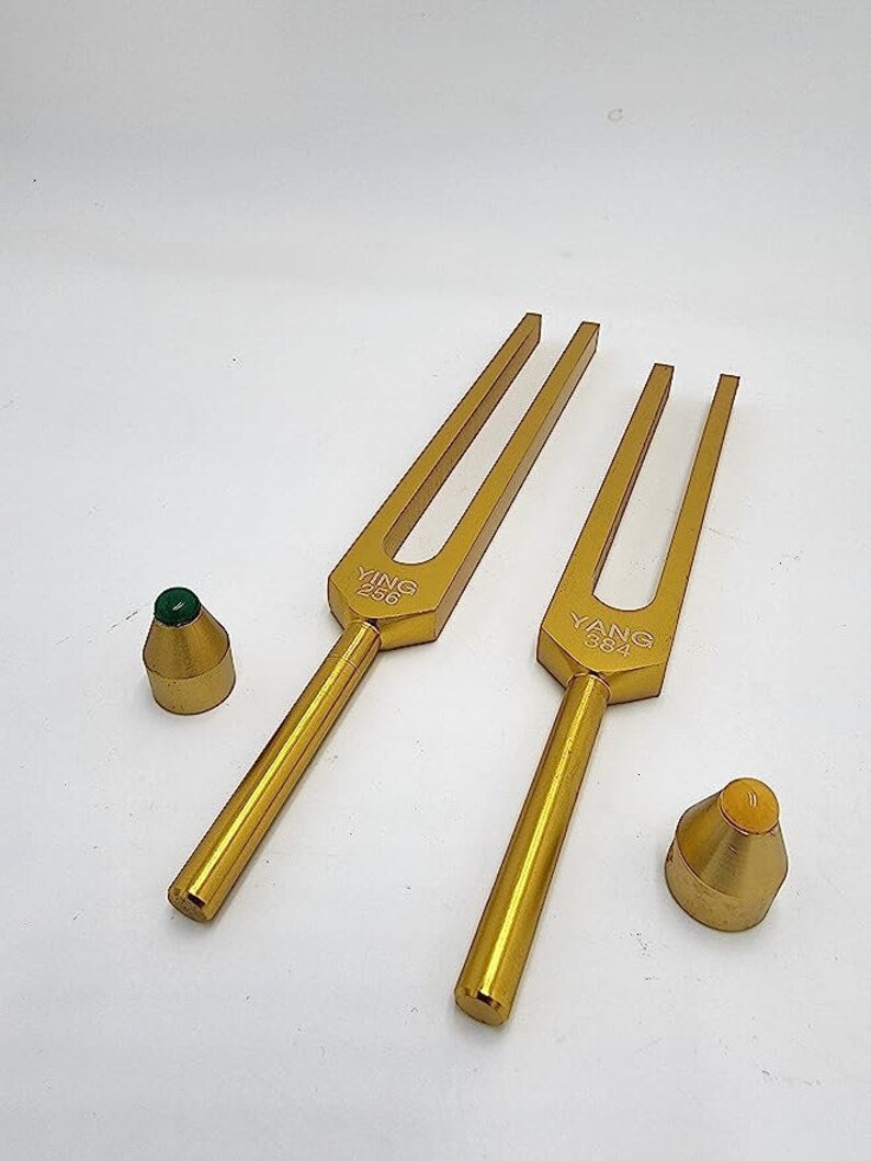Yantra Unweighted Gold Color Yin Yang Tuning Fork Set for Healing C 256Hz and G 384Hz with Removable Gem Feet, Striker, and Storage Bag - Thecosmicaccess