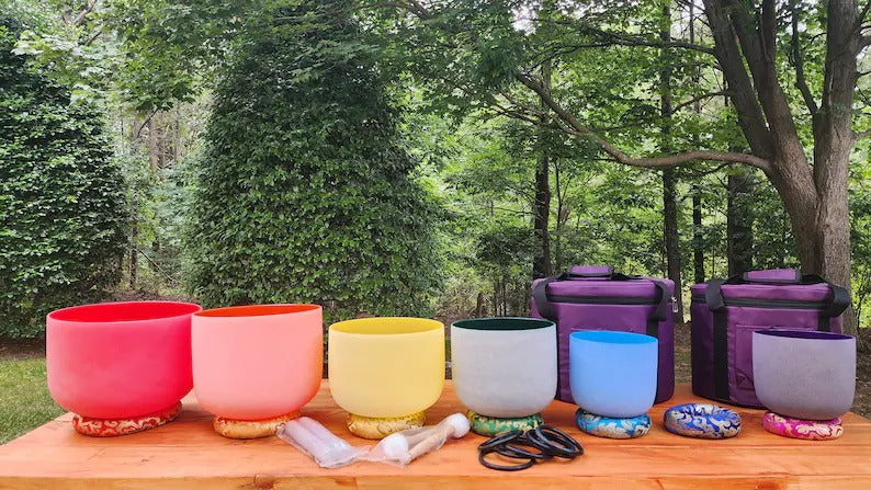432Hz Perfect Pitch Chakra Color Crystal singing bowl set with Padded Secure Cases and Silk O-rings - Thecosmicaccess