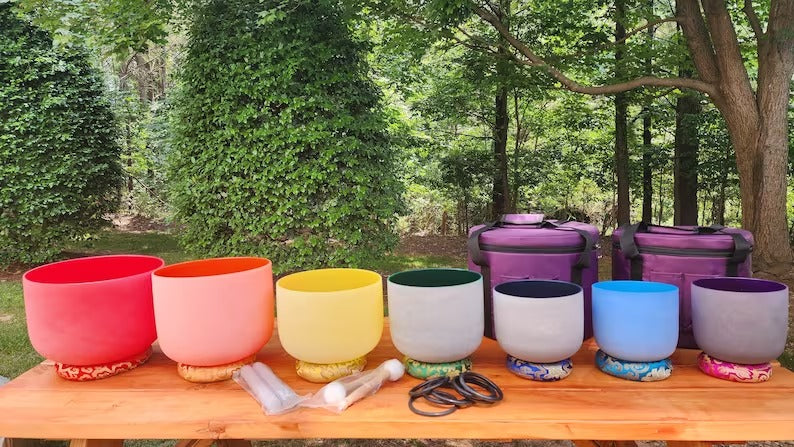 432Hz Perfect Pitch Chakra Color Crystal singing bowl set with Padded Secure Cases and Silk O-rings - Thecosmicaccess