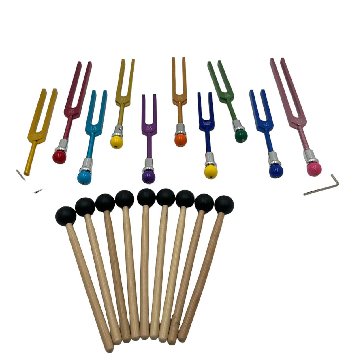 9 Secret Solfeggio Unweighted Color Tuning Forks Set with Heart Om tuning fork, Individually Marked Bags, Striker with Removable Buddha Bead - Thecosmicaccess