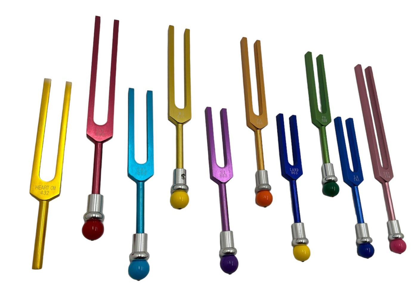 9 Secret Solfeggio Unweighted Color Tuning Forks Set with Heart Om tuning fork, Individually Marked Bags, Striker with Removable Buddha Bead - Thecosmicaccess