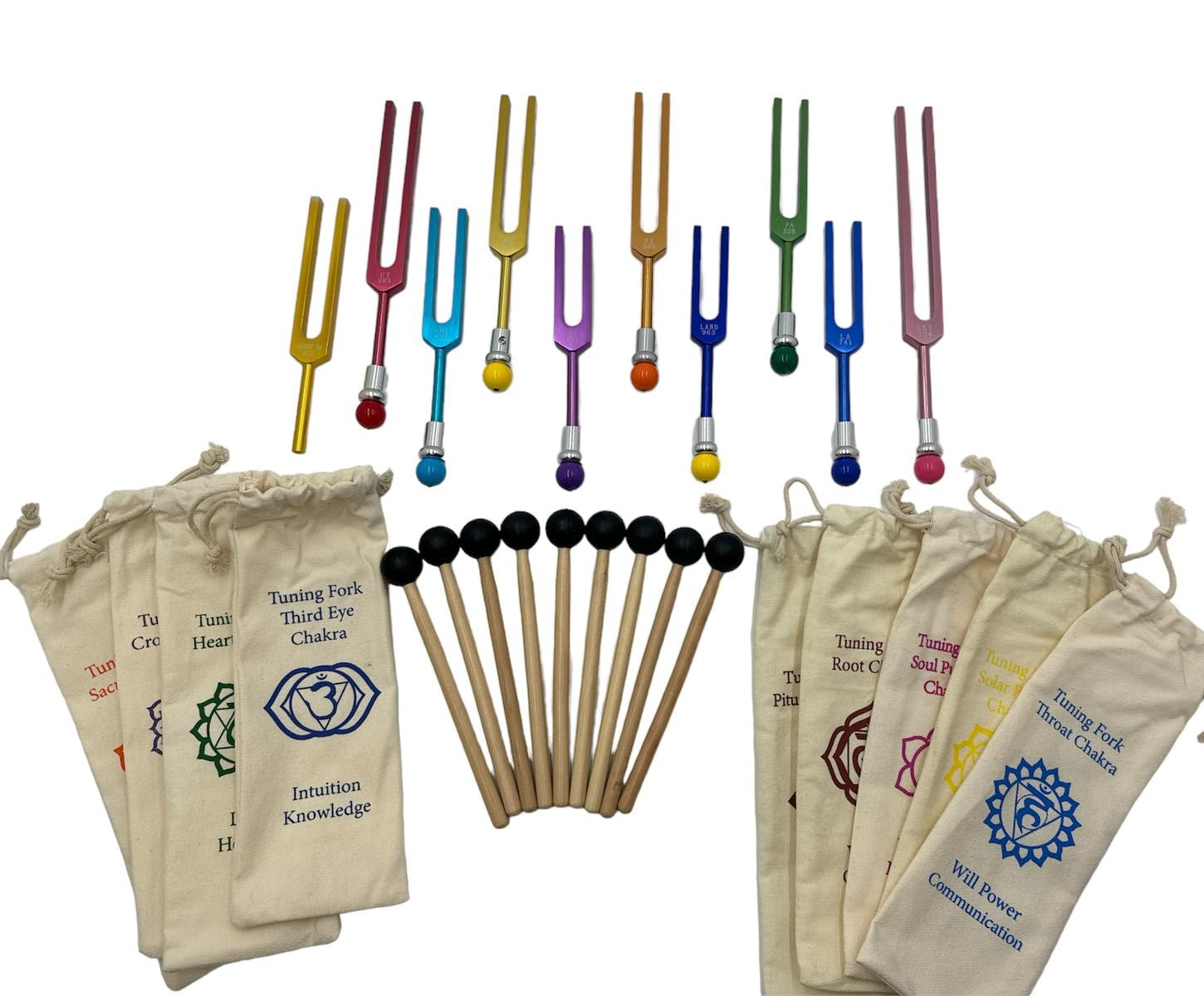 9 Secret Solfeggio Unweighted Color Tuning Forks Set with Heart Om tuning fork, Individually Marked Bags, Striker with Removable Buddha Bead - Thecosmicaccess