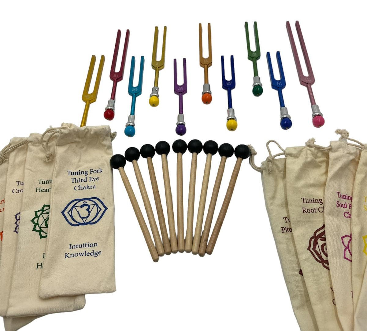 9 Secret Solfeggio Unweighted Color Tuning Forks Set with Heart Om tuning fork, Individually Marked Bags, Striker with Removable Buddha Bead - Thecosmicaccess