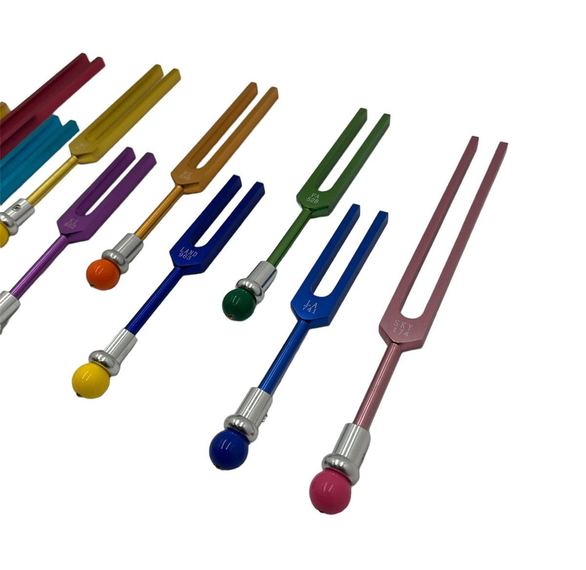 9 Secret Solfeggio Unweighted Color Tuning Forks Set with Heart Om tuning fork, Individually Marked Bags, Striker with Removable Buddha Bead - Thecosmicaccess
