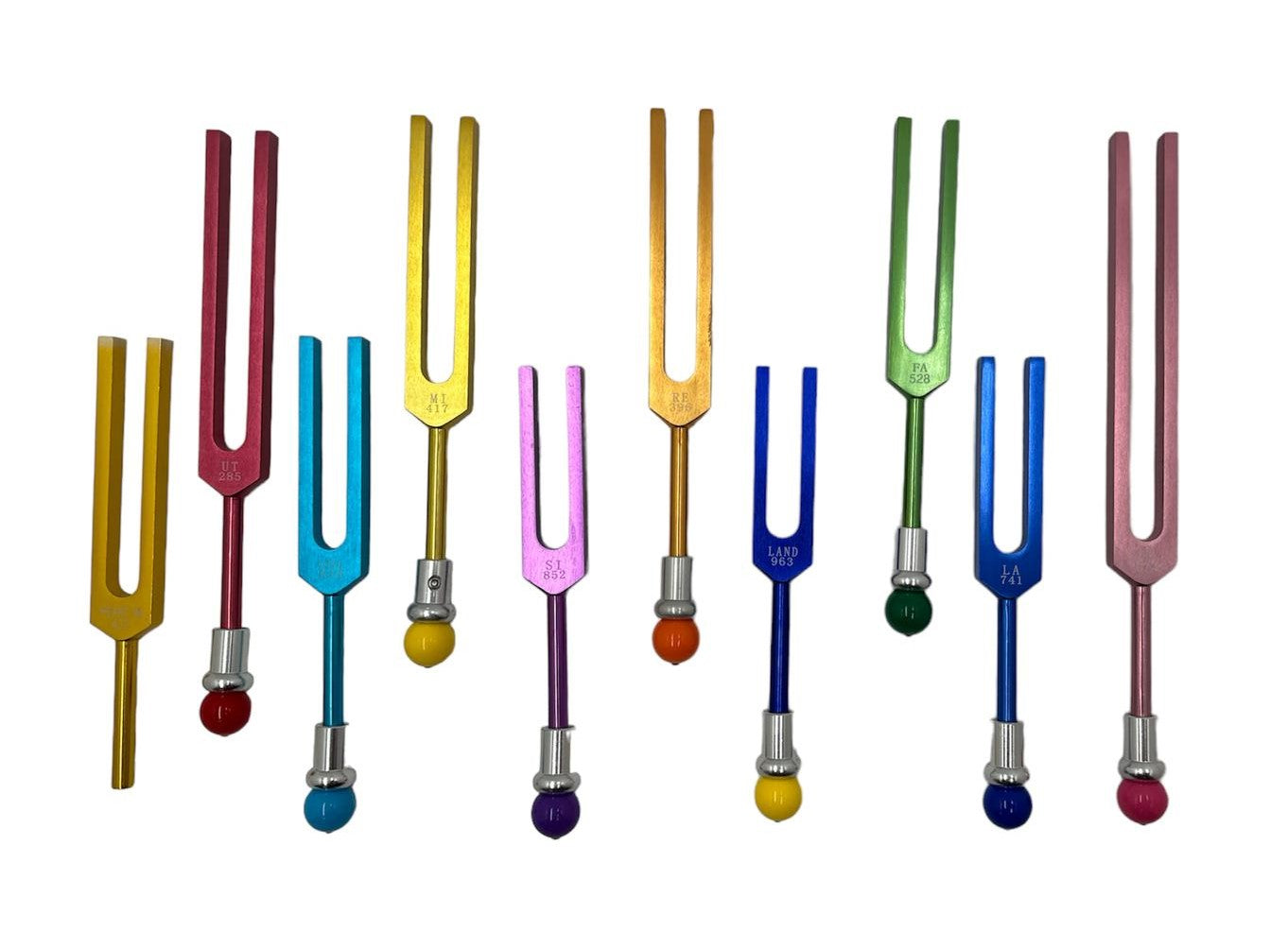 9 Secret Solfeggio Unweighted Color Tuning Forks Set with Heart Om tuning fork, Individually Marked Bags, Striker with Removable Buddha Bead - Thecosmicaccess