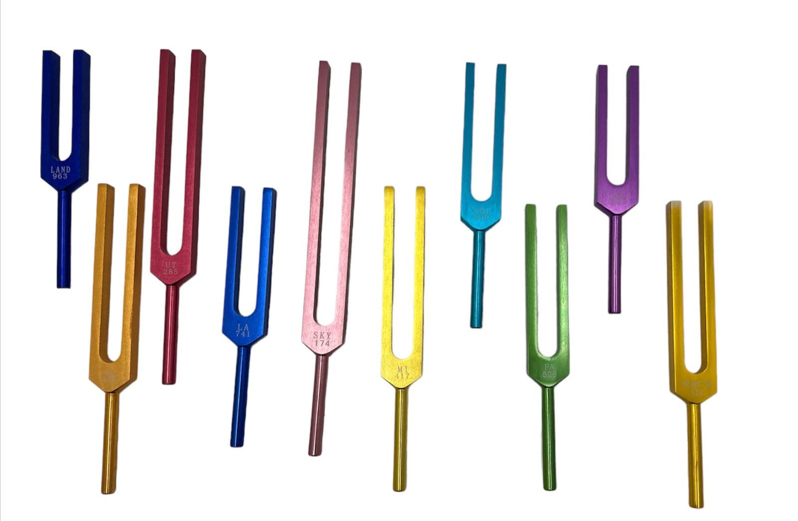 9 Secret Solfeggio Unweighted Color Tuning Forks Set with Heart Om tuning fork, Individually Marked Bags, Striker with Removable Buddha Bead - Thecosmicaccess