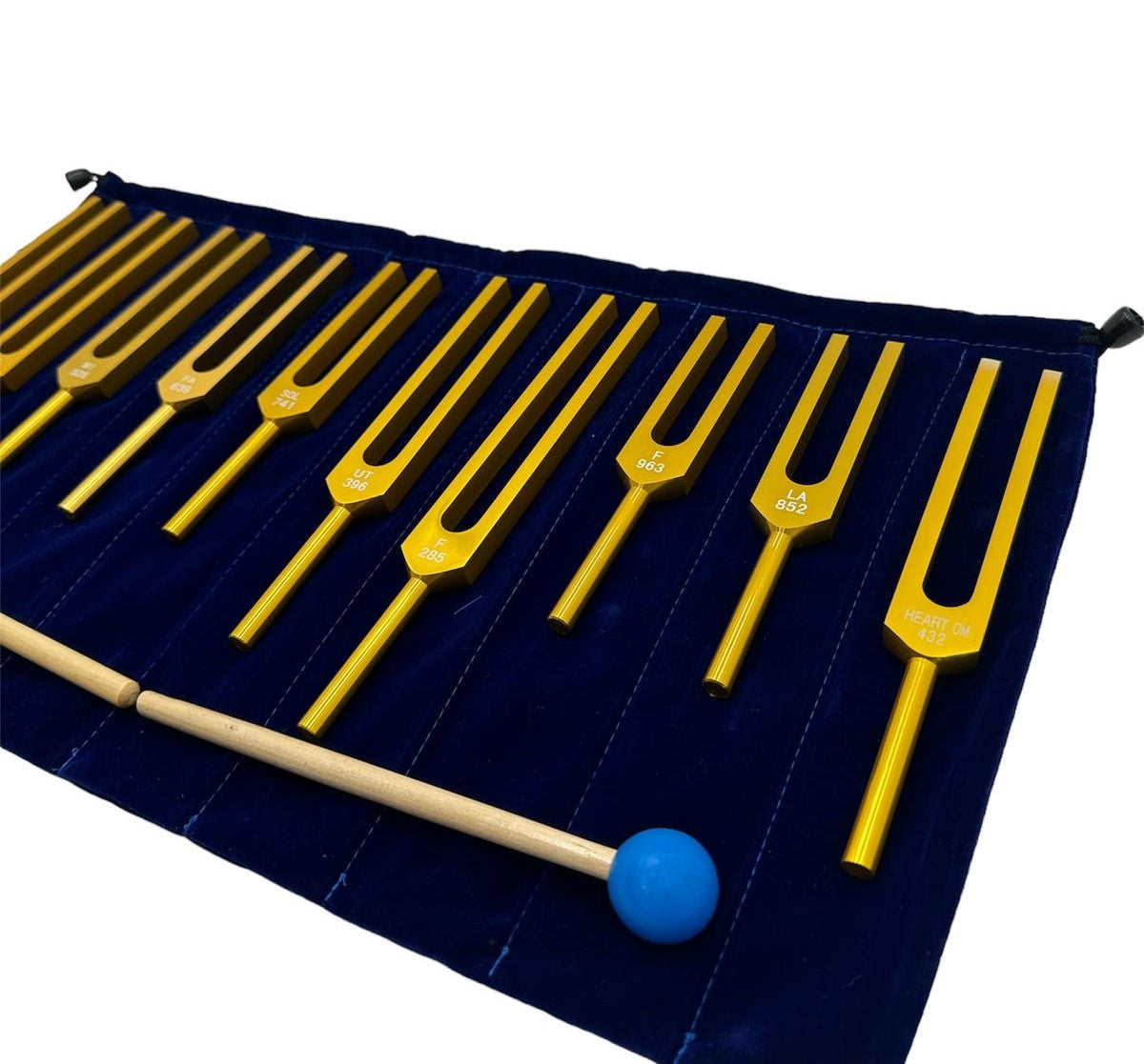 Harmony Haven: 9-Piece Secret Solfeggio Gold Tuning Fork Set with Heart Om and Removable Buddha Bead Striker - Includes Bag - Thecosmicaccess