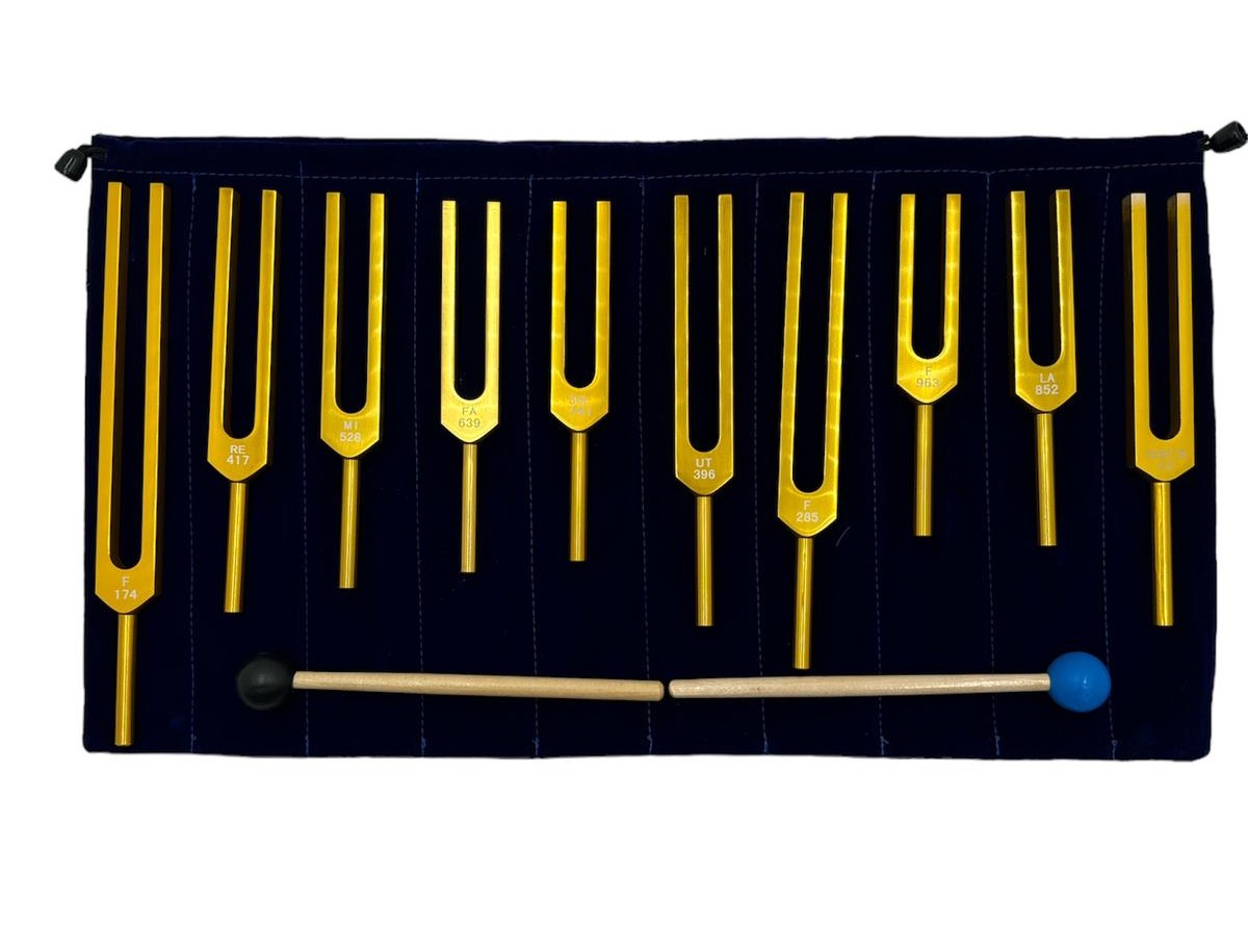 Harmony Haven: 9-Piece Secret Solfeggio Gold Tuning Fork Set with Heart Om and Removable Buddha Bead Striker - Includes Bag - Thecosmicaccess