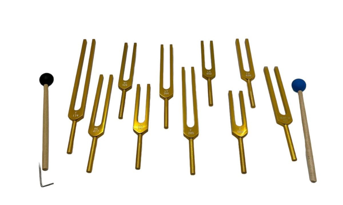 Harmony Haven: 9-Piece Secret Solfeggio Gold Tuning Fork Set with Heart Om and Removable Buddha Bead Striker - Includes Bag - Thecosmicaccess