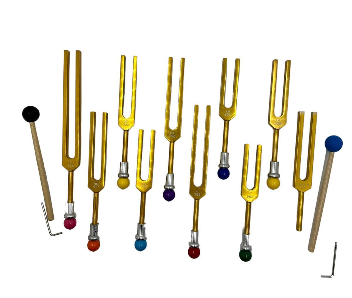 Harmony Haven: 9-Piece Secret Solfeggio Gold Tuning Fork Set with Heart Om and Removable Buddha Bead Striker - Includes Bag - Thecosmicaccess