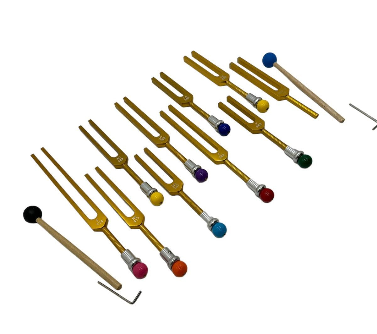 Harmony Haven: 9-Piece Secret Solfeggio Gold Tuning Fork Set with Heart Om and Removable Buddha Bead Striker - Includes Bag - Thecosmicaccess