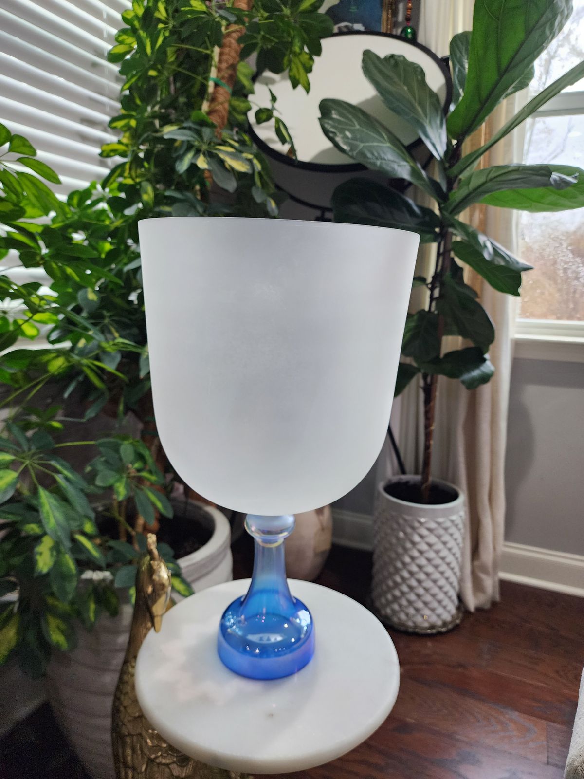 9.3" Lotus Engraved Opal Lapiz Lazuli Gem Fused  Holy Grail Chalice with Padded Case and Suede Striker