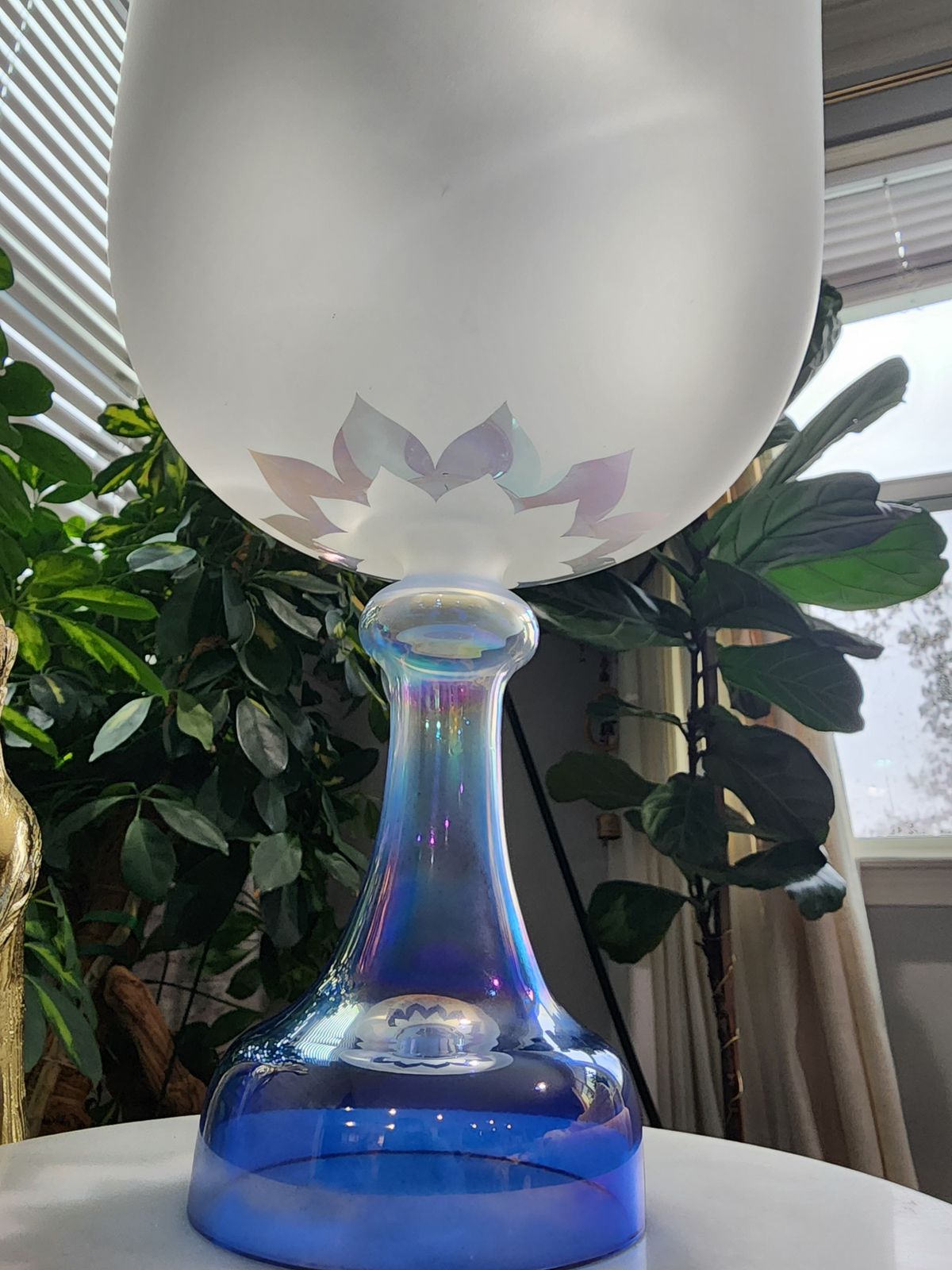 9.3" Lotus Engraved Opal Lapiz Lazuli Gem Fused  Holy Grail Chalice with Padded Case and Suede Striker