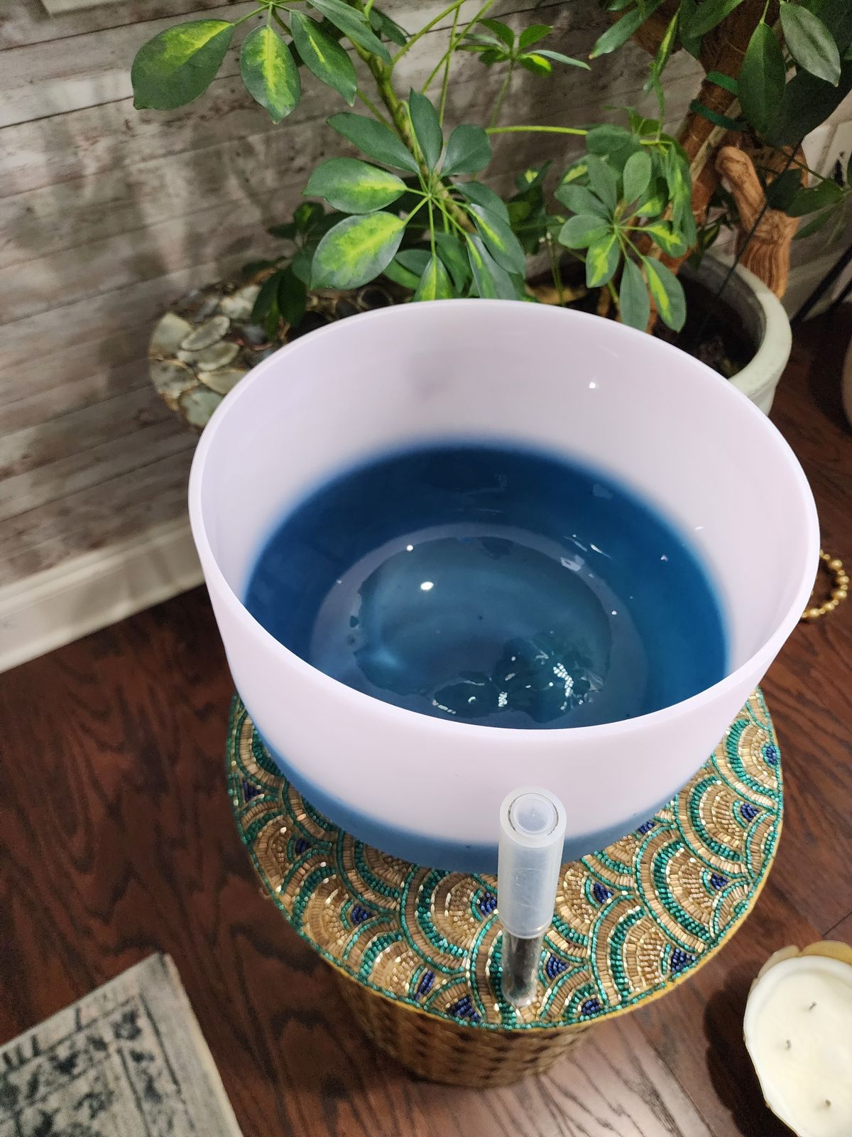 432Hz 12 inches Morganite & Lapiz Lazuli Gem Fused Crystal Singing Bowl with Padded Case and Crystal filled Striker