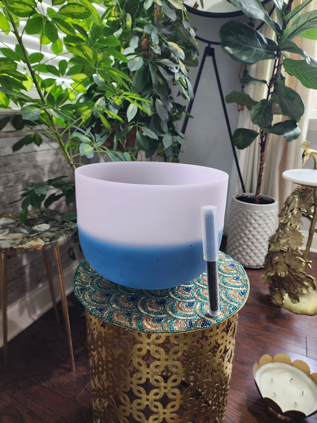 432Hz 12 inches Morganite & Lapiz Lazuli Gem Fused Crystal Singing Bowl with Padded Case and Crystal filled Striker