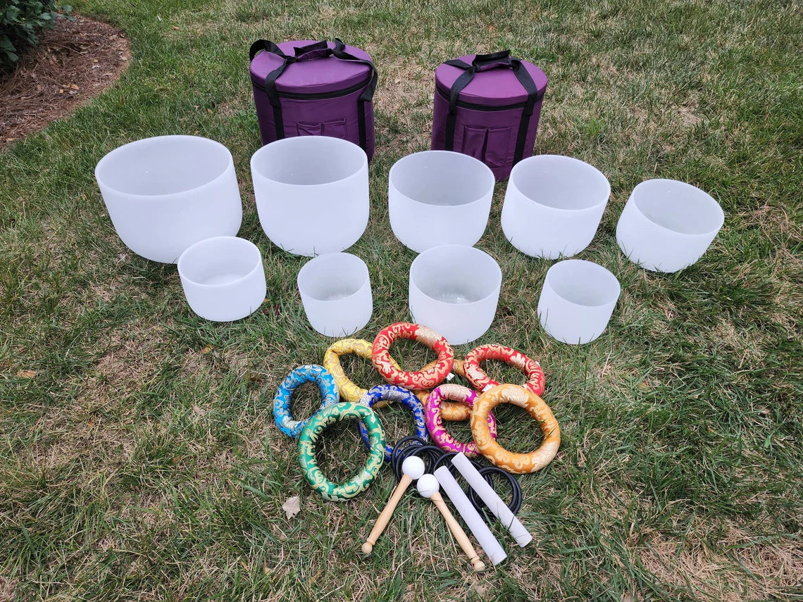 Embrace Cosmic Harmony: Premium Earth Star and Soul Purpose Chakra Set - 9 Quartz Crystal Singing Bowls with 2 Suede Strikers and Cases - Thecosmicaccess