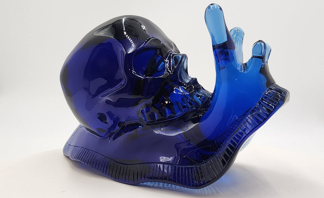 7.5" Handcrafted Rare Carved Deep Blue Obsidian Crystal Skull & Snail for Healing - Throat Chakra - Home Decor Meditation Unique - Thecosmicaccess