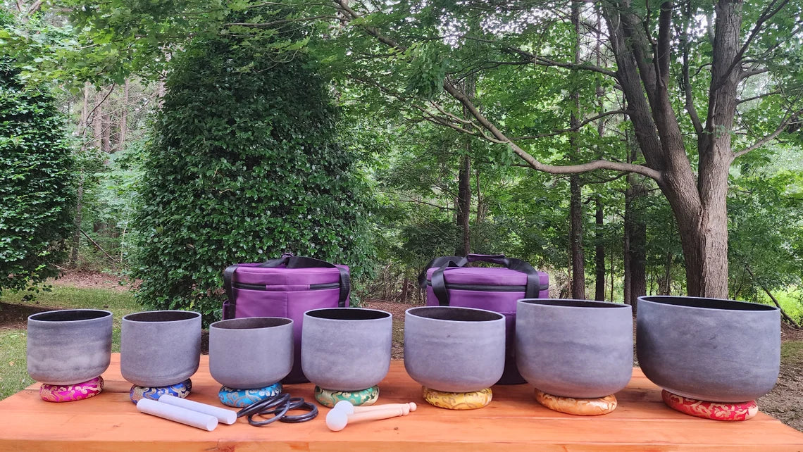 432Hz 7 - 12 inch Gem Fused Obsidian Crystal Singing Bowl Set with Padded Secure Cases and 4 Strikers - Thecosmicaccess