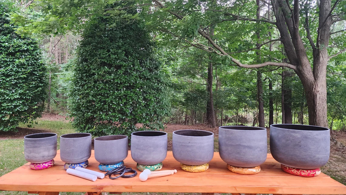 432Hz 7 - 12 inch Gem Fused Obsidian Crystal Singing Bowl Set with Padded Secure Cases and 4 Strikers - Thecosmicaccess