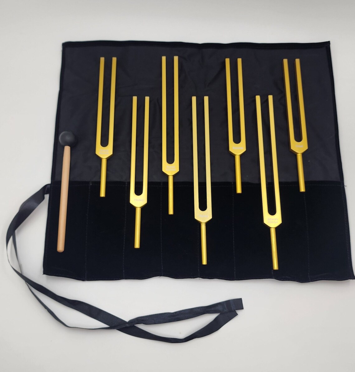 Unweighted Gold Color Endocrine Tuning Fork Set for Hormonal Harmony with Striker and Velvet Bag - Thecosmicaccess